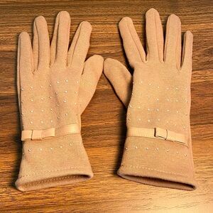 Small Marcus Adler Tan Gloves with Rhinestones and Bow Accent